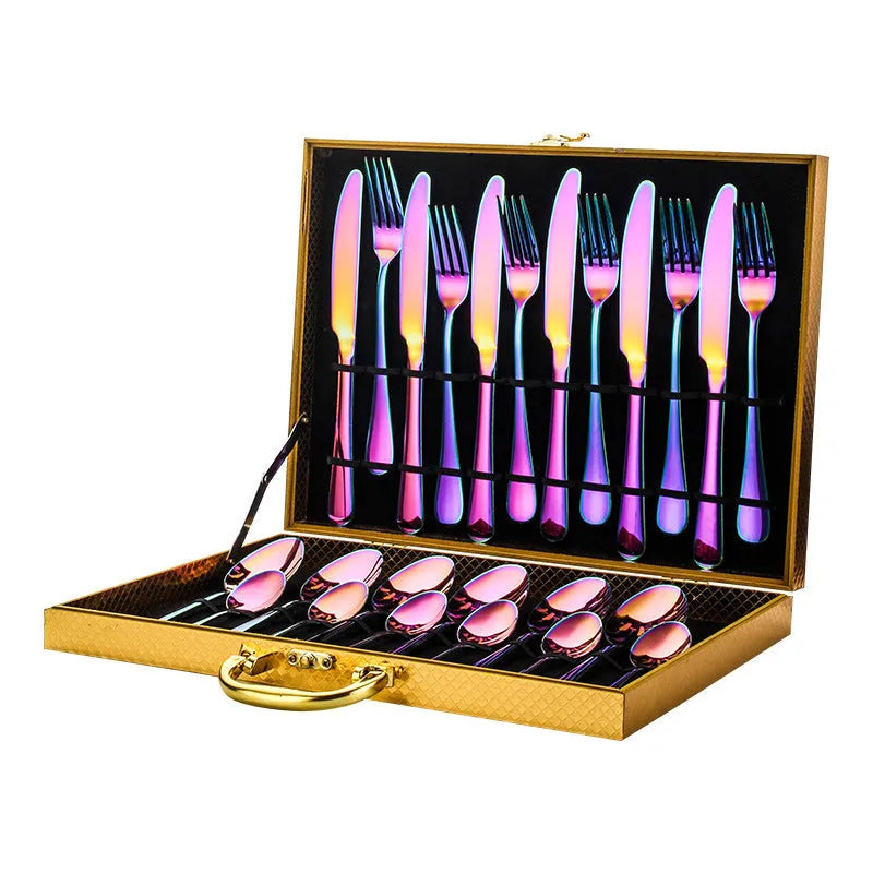 24-piece stainless steel tableware set including knives, forks and spoons in various colour options