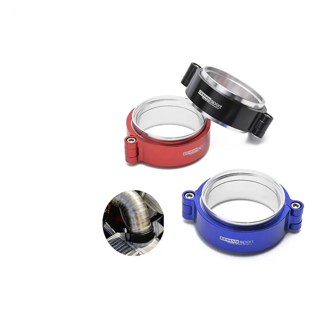 Aluminium fixed movement clamp for car turbo exhaust systems in black, blue, or red.