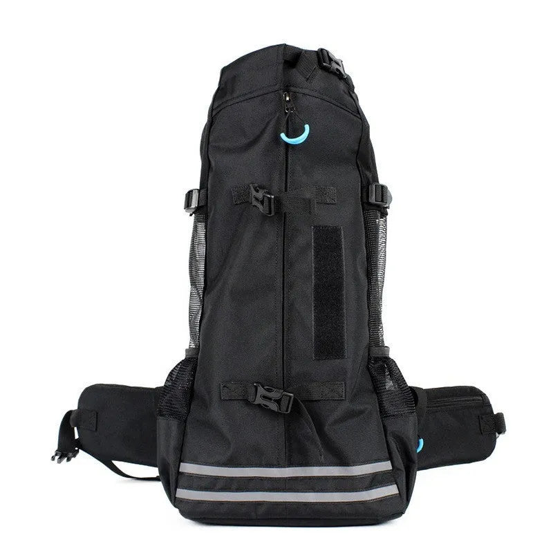 Medium dog backpack carrier in black with expandable design, made from 600D Oxford cloth, side view