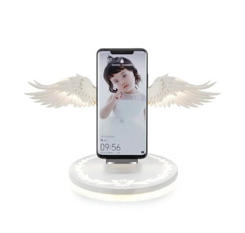 Angel Wings Wireless Charger with unfolding wings and aura base for fast 15W charging