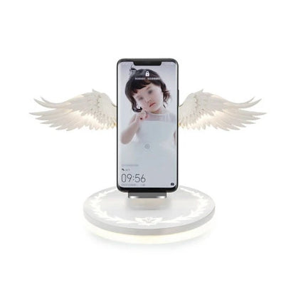 Angel Wings Wireless Charger with unfolding wings and aura base for fast 15W charging