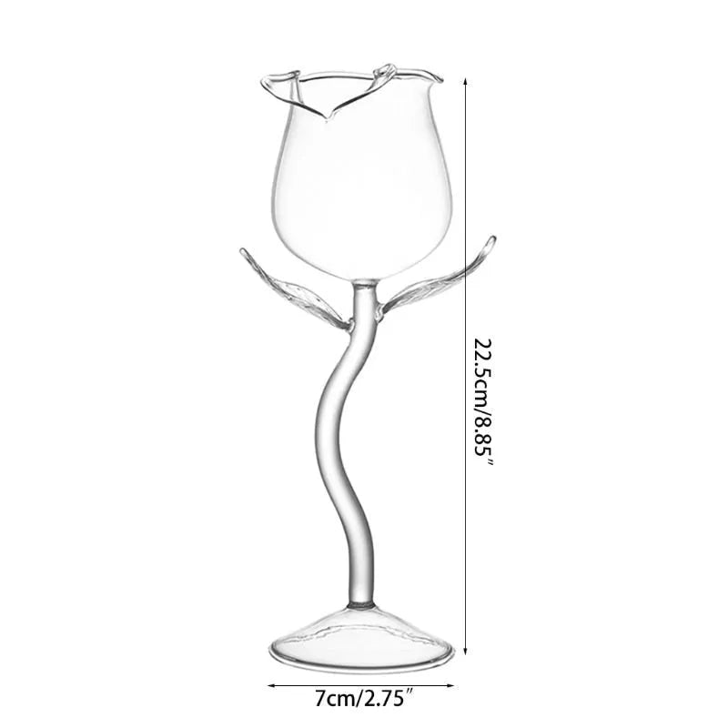 Fancy red wine goblet with rose flower shape and 100ml transparent glass on table