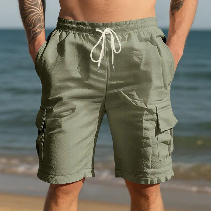 Men's linen casual shorts with multiple pockets in straight cut design