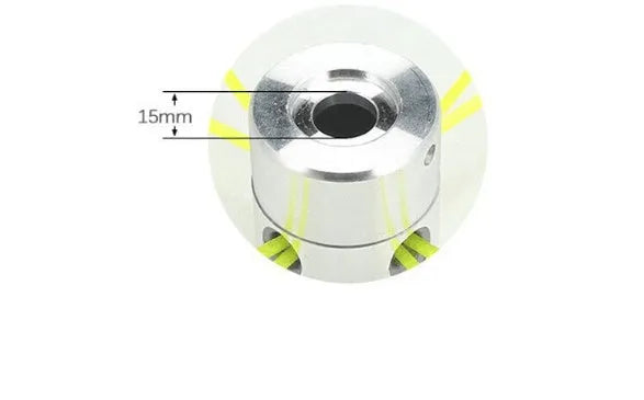 Silver aluminium lawn mower grass head kit with four light yellow square trimmer ropes and a wrench.