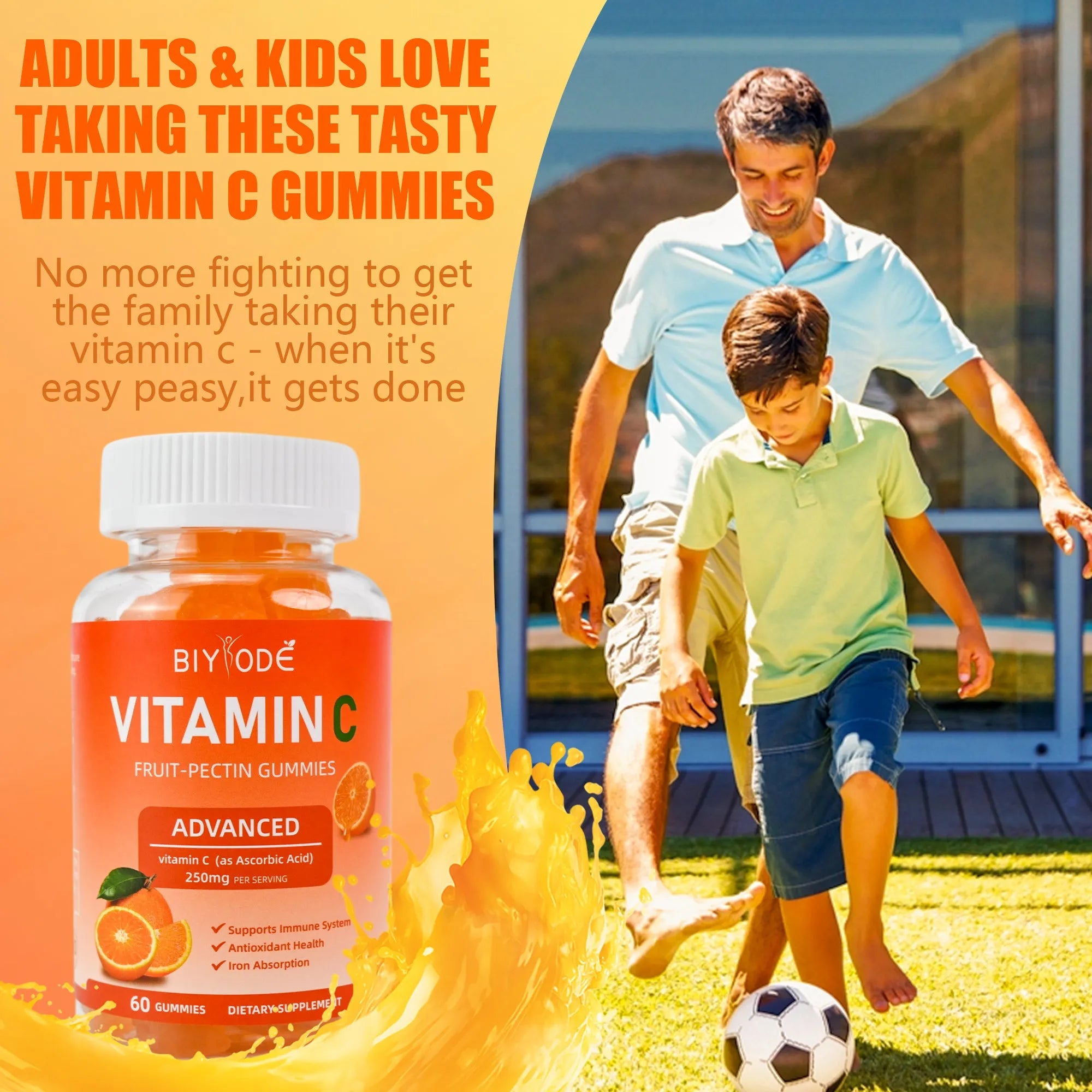 Vitamin C gummies in a bottle, vegan sugar-free immune support supplement, 60 gummies per container
