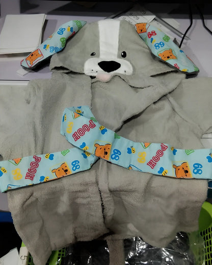 Cotton baby bathrobe with animal hood showing panda design, belt fastening, and absorbent fabric