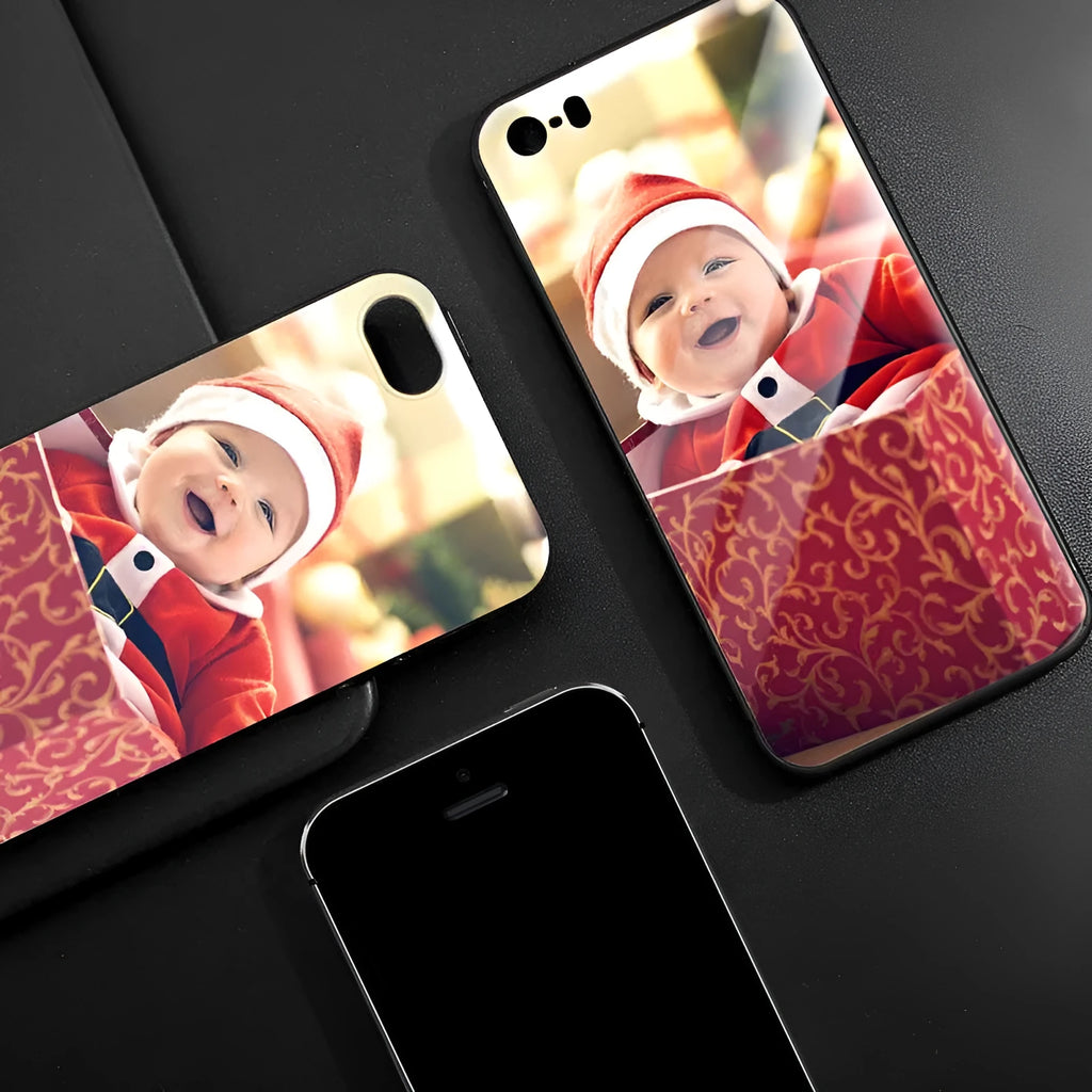 Custom patterned ultra-thin iPhone case with raised bumper edge, shown fitted on an iPhone.