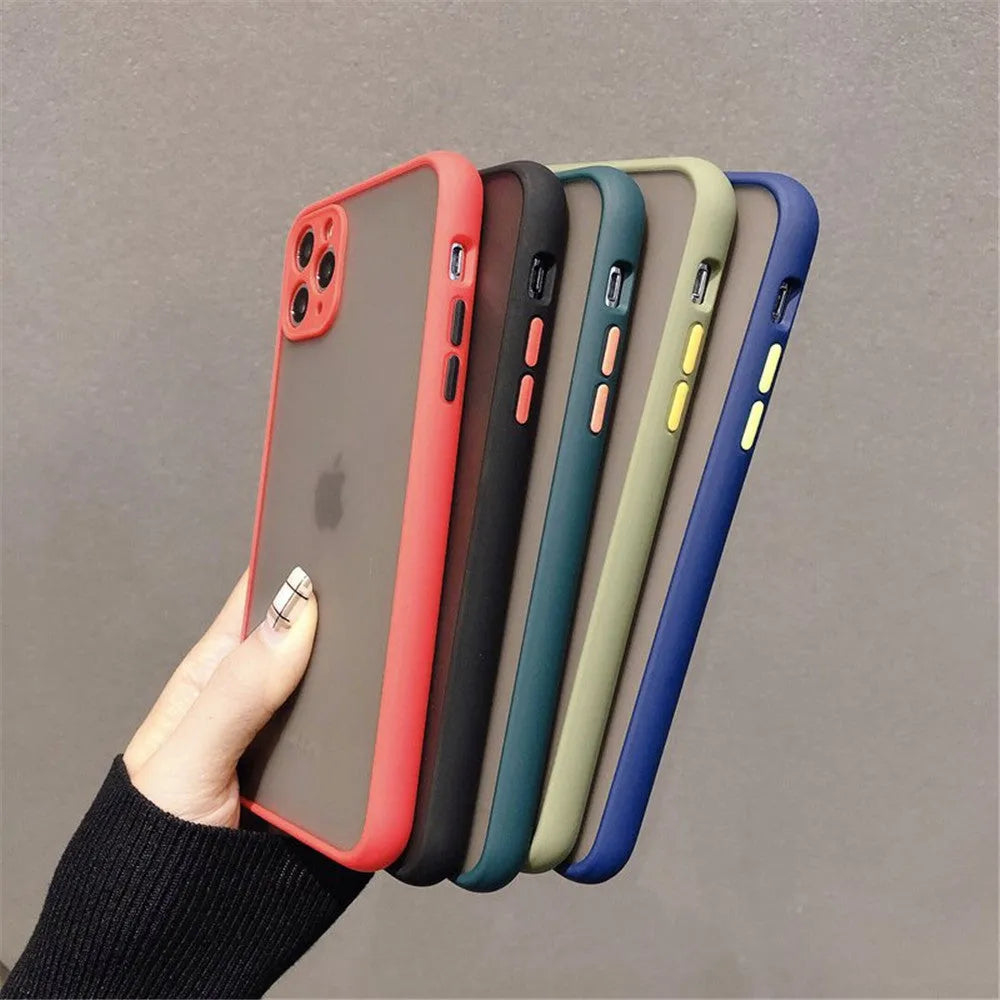 Solid colour silicone shockproof iPhone case with transparent design showing TPU frame and PC back panel