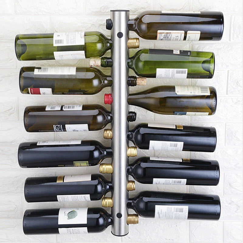 Stainless steel wall-mounted wine rack with 8 or 12 hole options for elegant wine storage