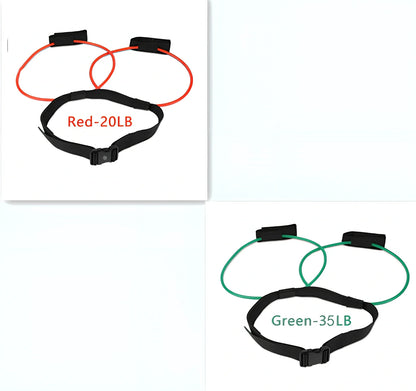 Women's adjustable waist resistance band with colour-coded latex tubes and pedal exerciser foot straps