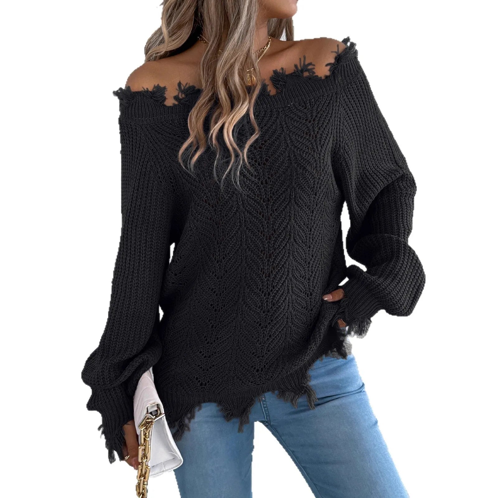 White cut-off shoulder pullover sweater with hollow-out detailing and long sleeves.