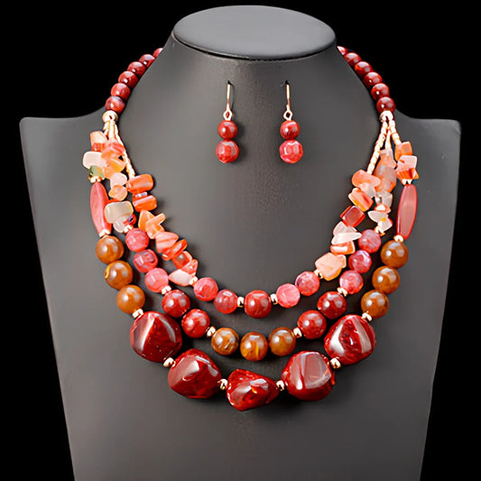 African beads jewellery set in black with 45cm plastic bead necklace and 5cm round earrings on zinc alloy