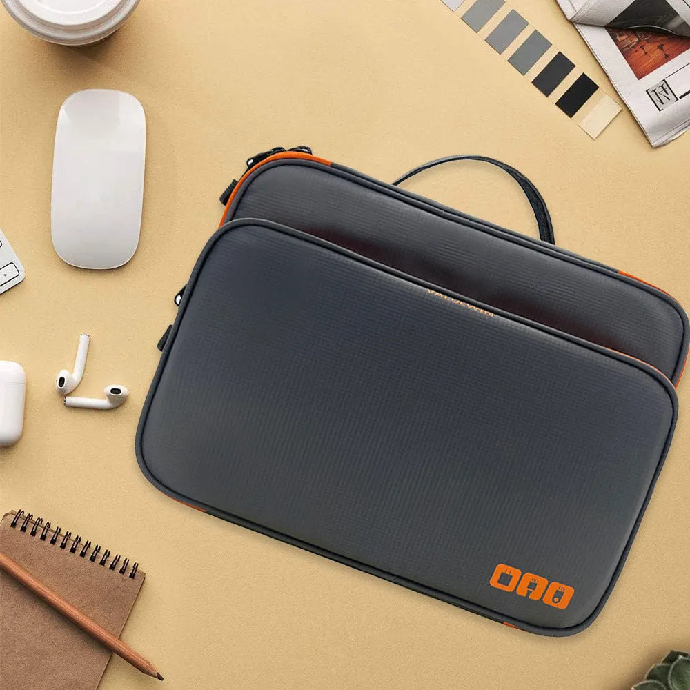 Black three-layer travel storage bag with waterproof polyester construction and sewing line detailing