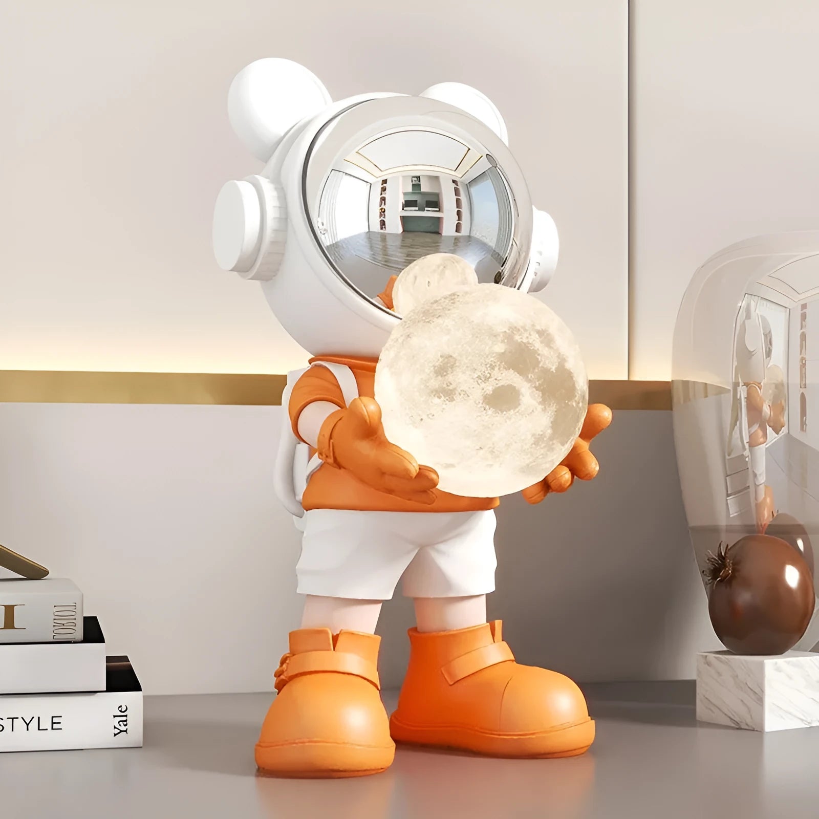 Gold resin desktop space bear moon night light astronaut decoration with stick-on silver mask