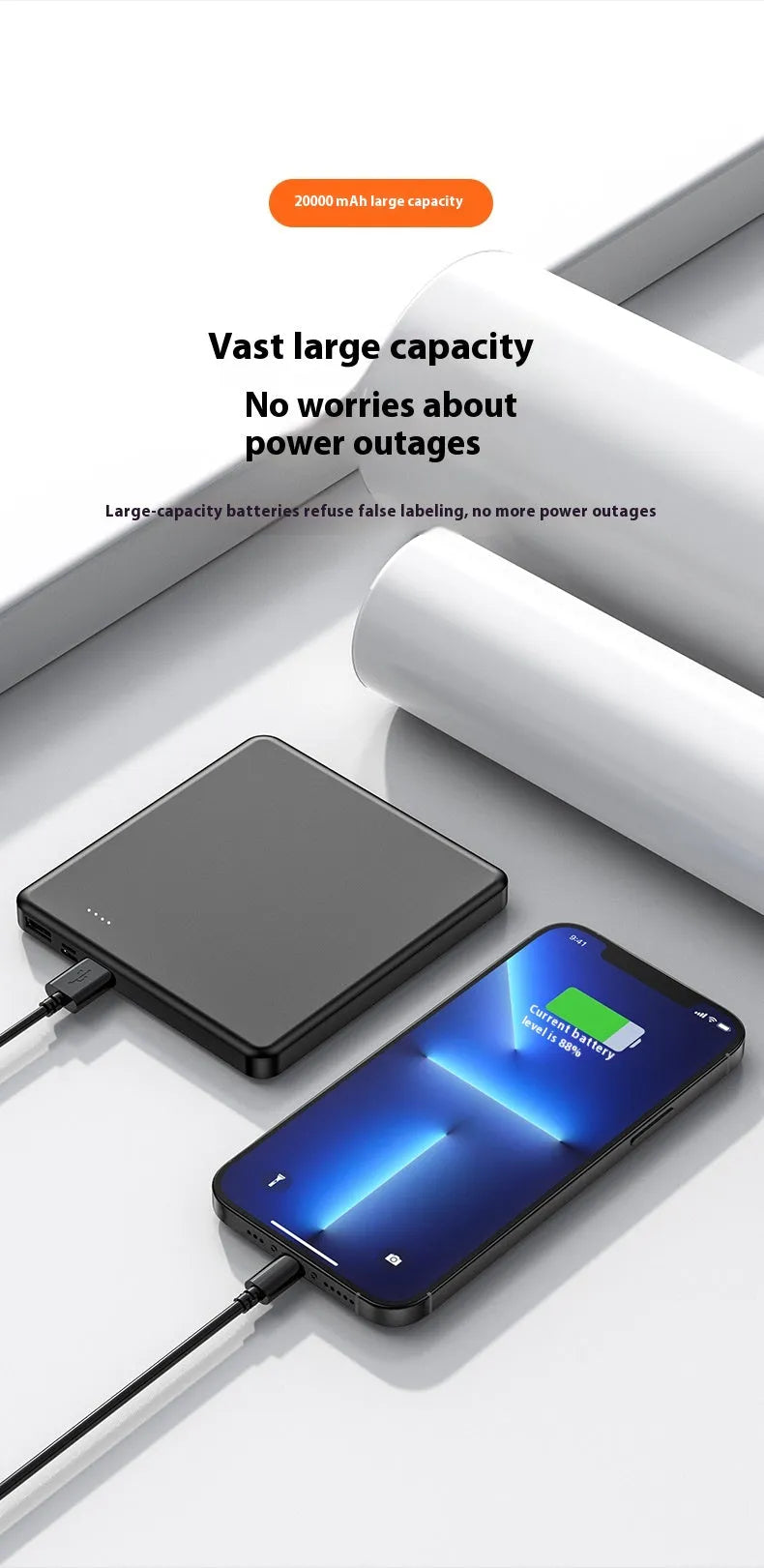 Small portable white 20000mAh fast charge power bank with QC3.0 graphene cell on a flat surface