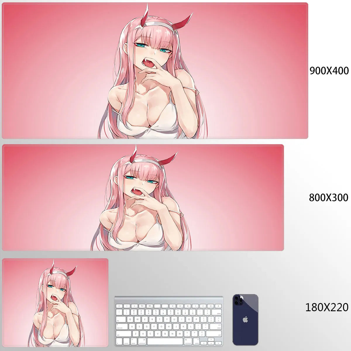 Pink Darling anime cloth keyboard mat on a desk with a mouse and keyboard