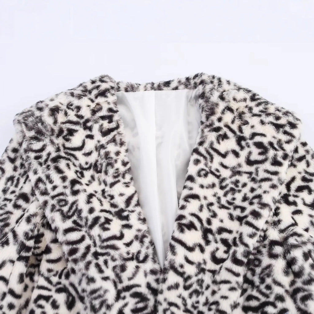 Leopard print lapel loose fake fur long sleeve coat with pockets for women street hipster style