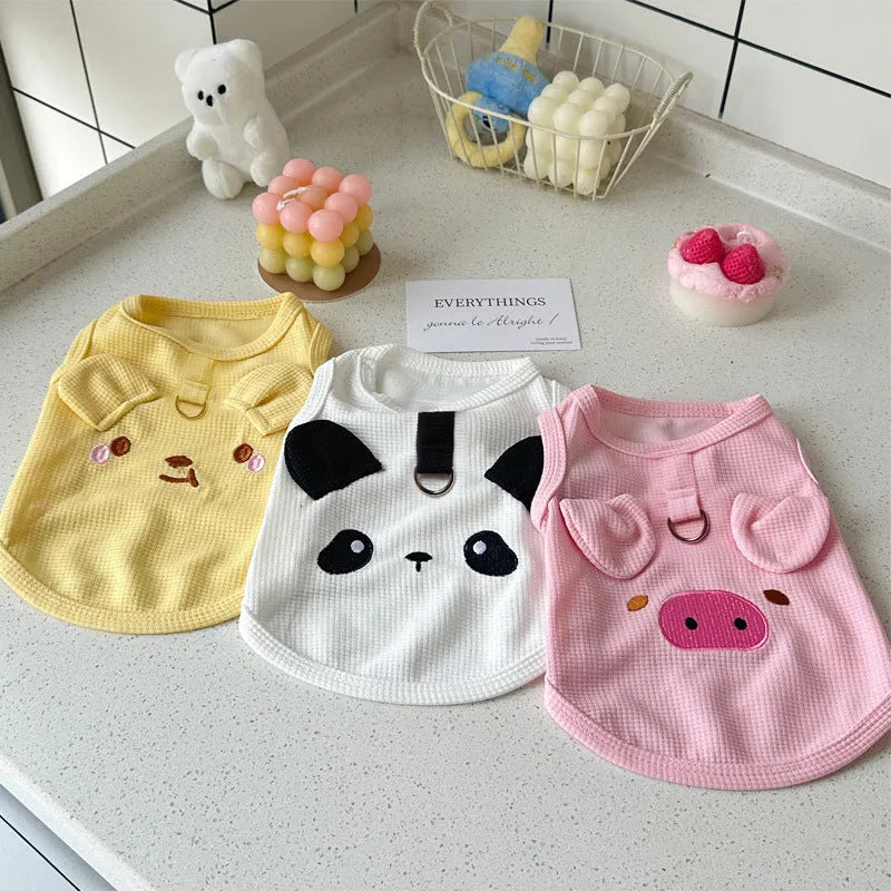 Waffle texture polyester vest for dogs and cats in yellow, pink and white colours showing casual pet clothing design