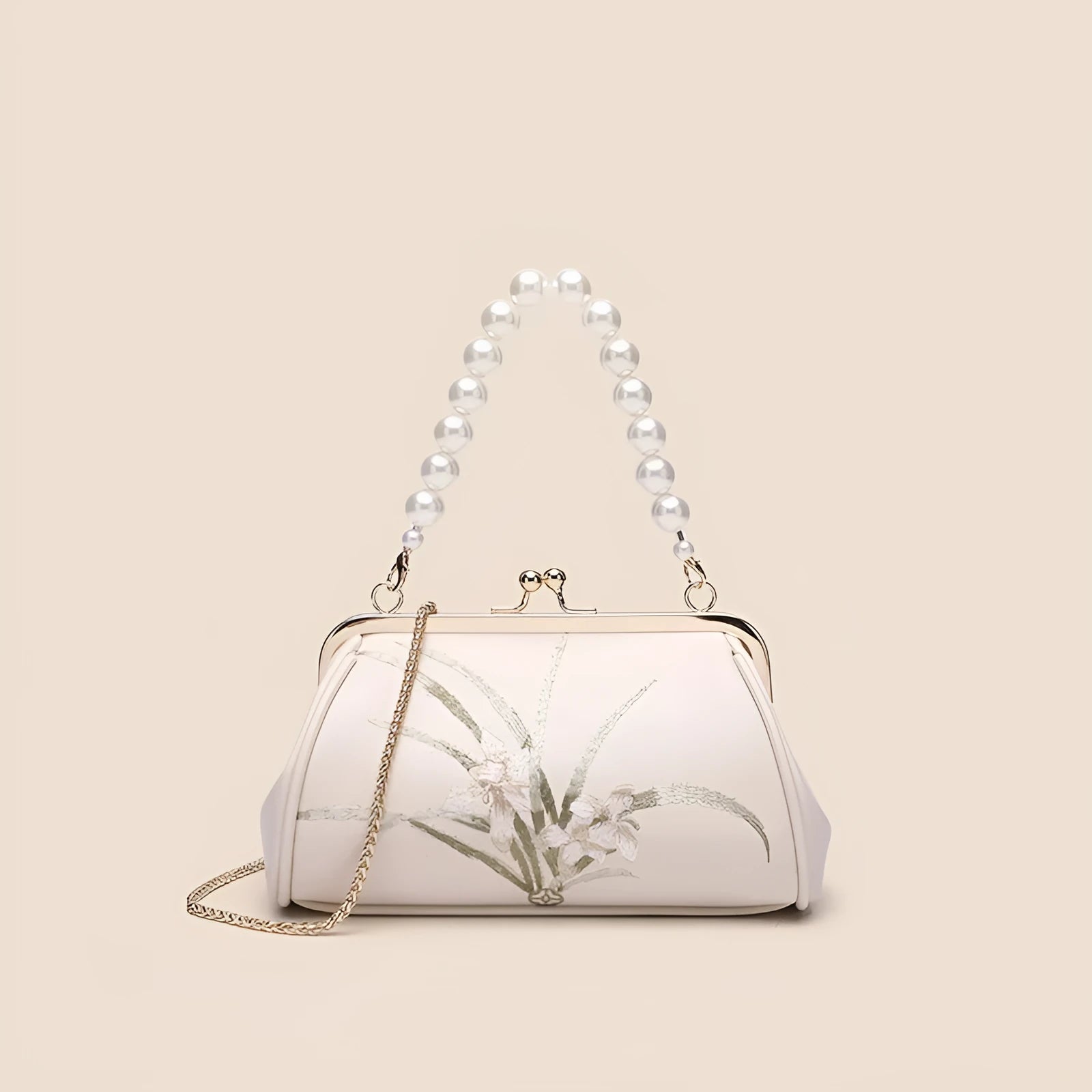 Beige soft PU leather women's shoulder bag with embroidery detail and shell shape design