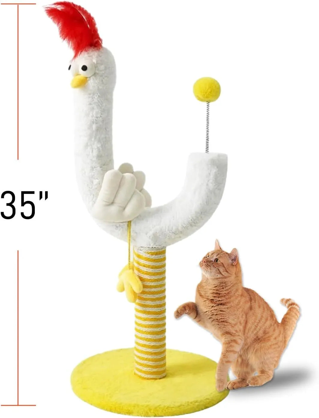 Yellow sisal vertical cat scratching post with chicken strip design and spring ball
