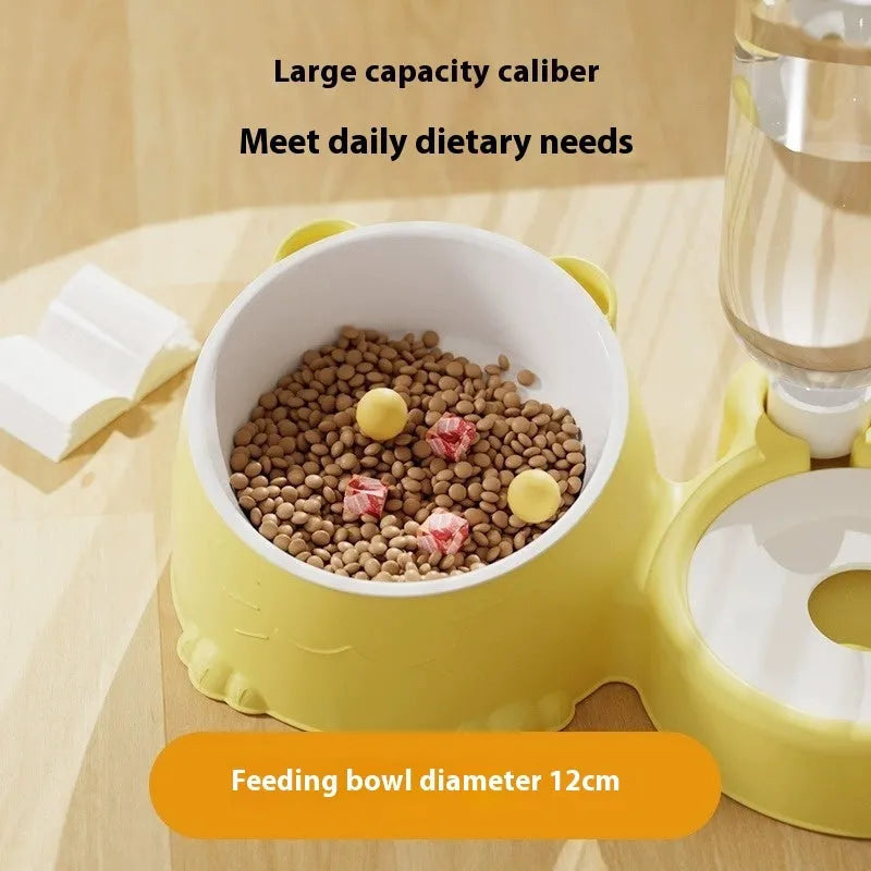 Double bowl automatic cat feeder with ceramic weighted base in haze blue colour.