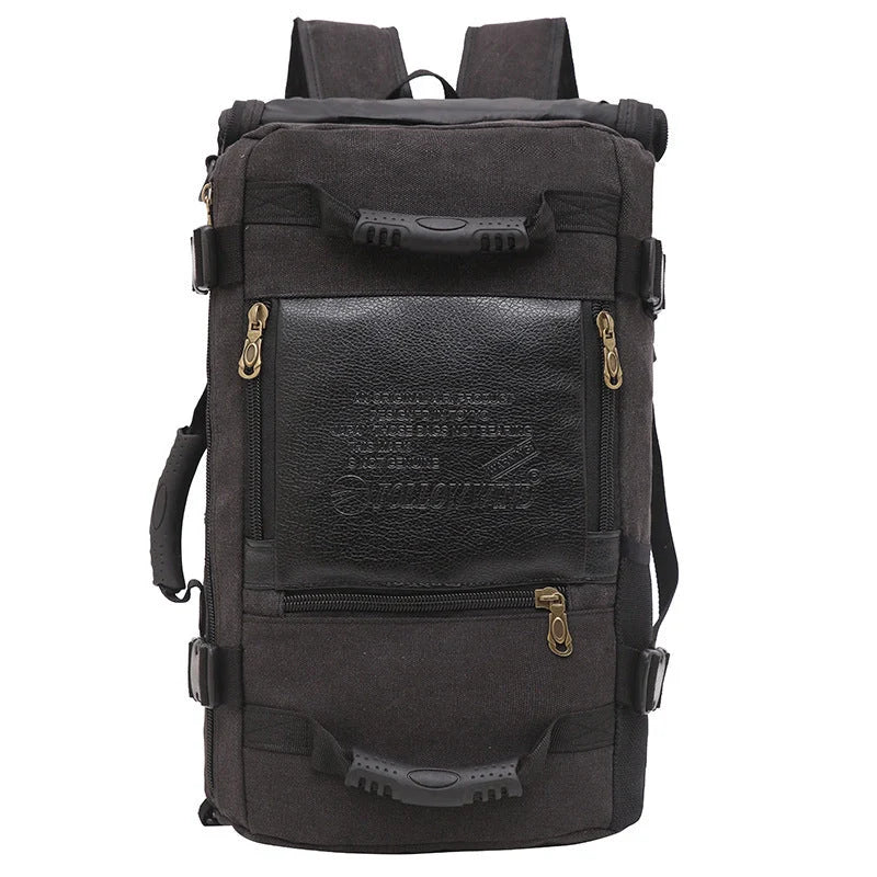 Men's canvas backpack with multiple pockets for travel and school
