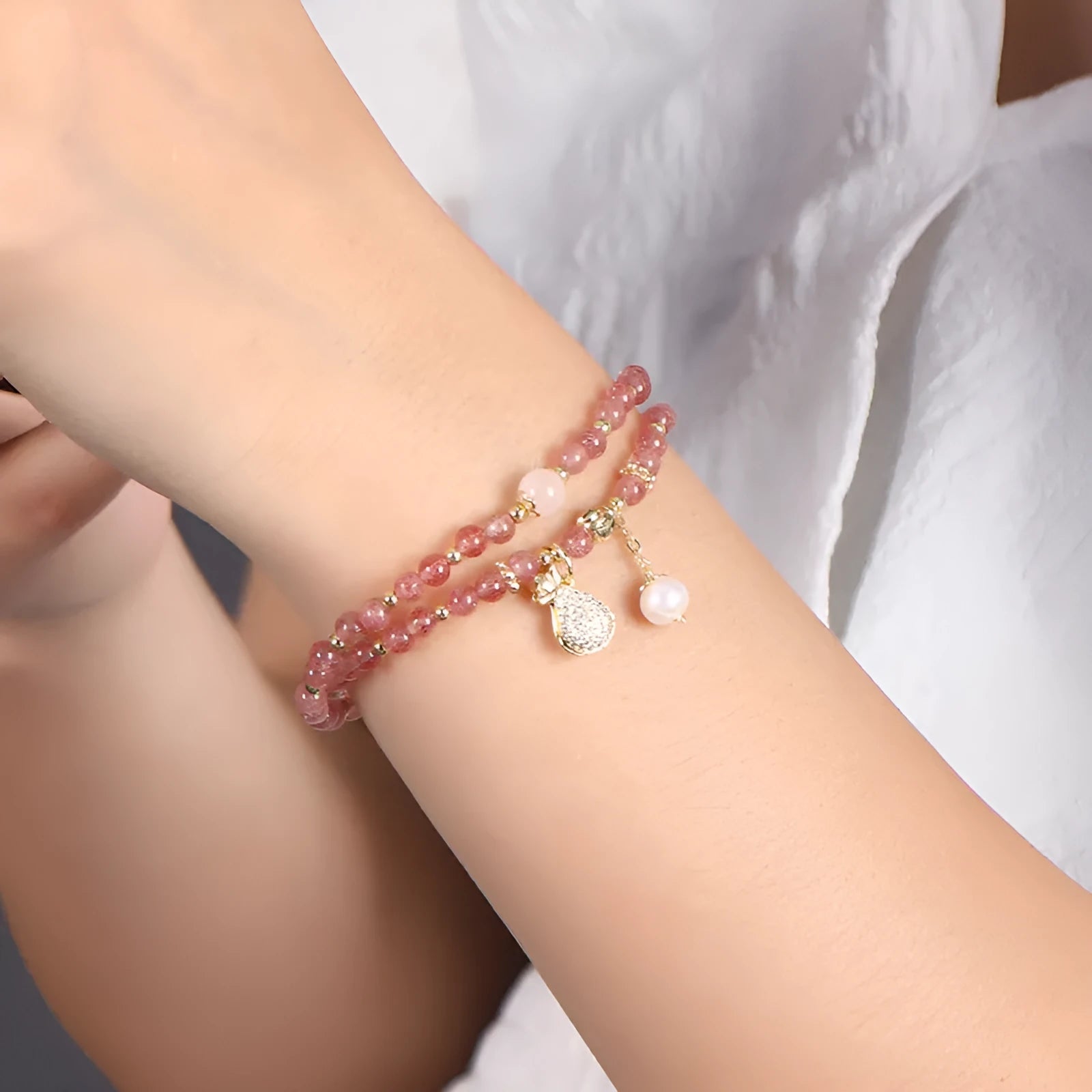 Women's geometric strawberry quartz crystal bracelet for money drawing