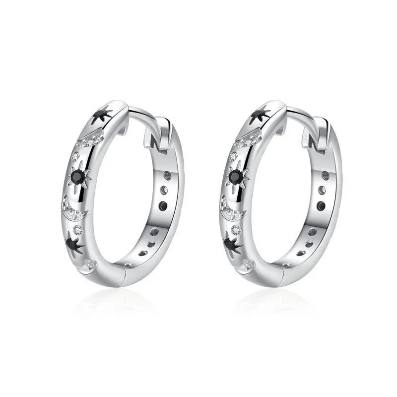 French Inlaid Zircon Star and Moon Earrings in black with U-shaped design