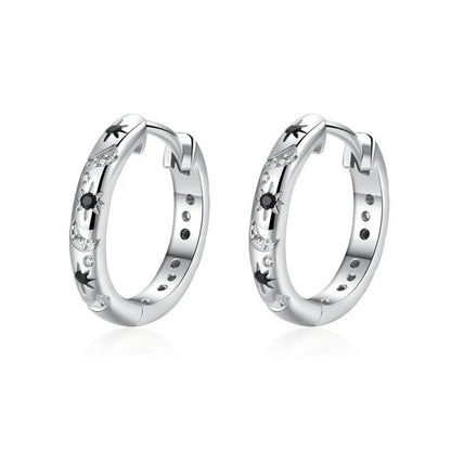 French Inlaid Zircon Star and Moon Earrings in black with U-shaped design