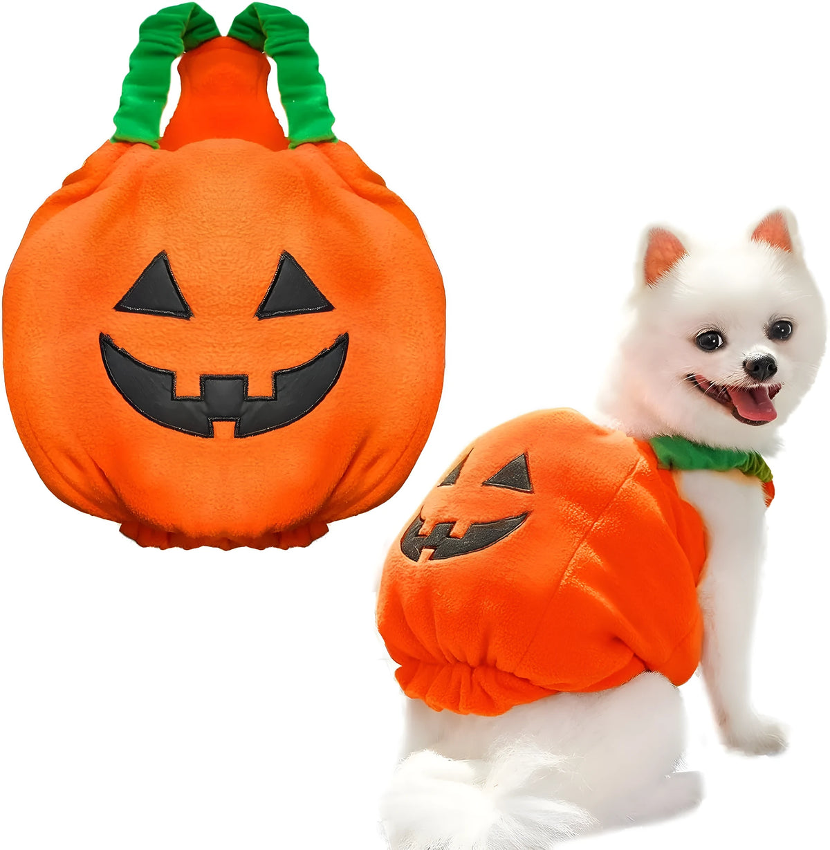 Pumpkin plush Halloween costume on small dog with pullover design and bright orange colour
