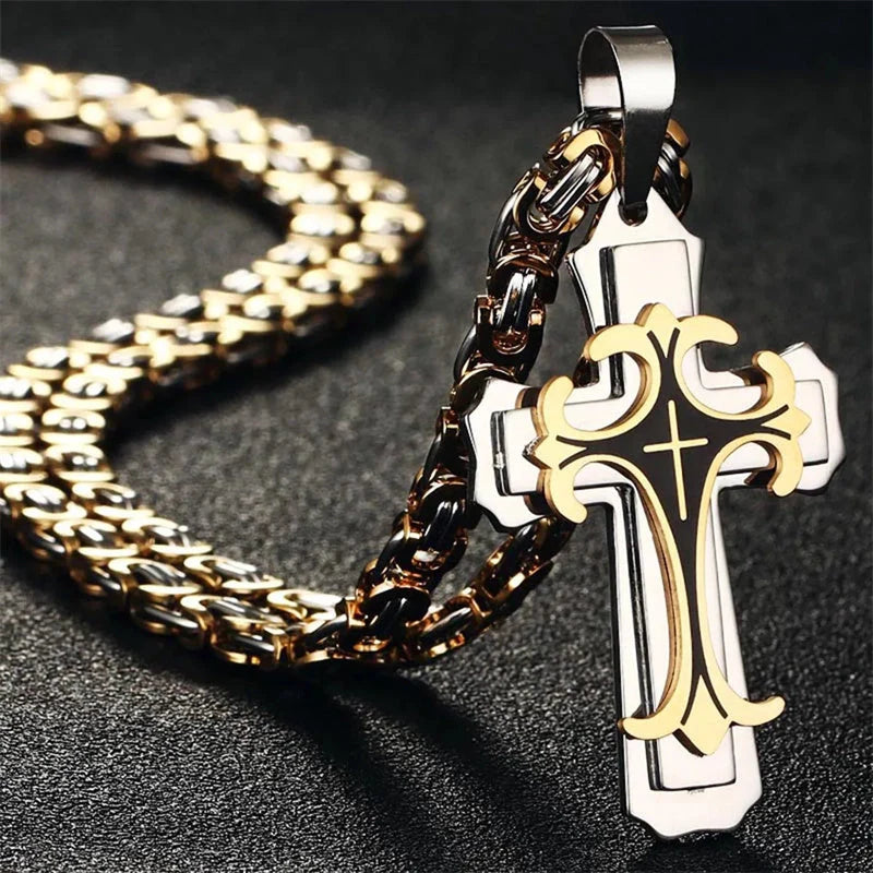 Men's Christian Trinity Latin Cross Necklace in stainless steel with three layers
