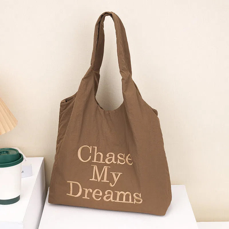 Korean-style 3D letter shoulder bag with minimalist embroidery in horizontal rectangle shape, nylon material, double straps, army green colour