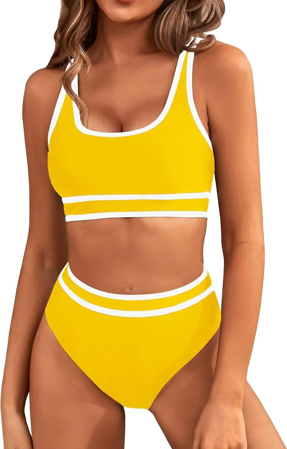 Women's tight-fitting solid colour bikini swimsuit with 15% spandex lining, available in multiple vibrant colours