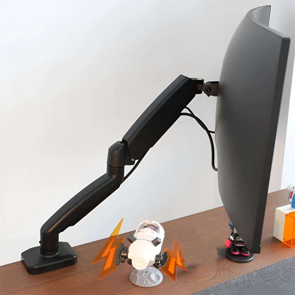 Black table-top rotating telescopic bracket holding an LCD computer monitor