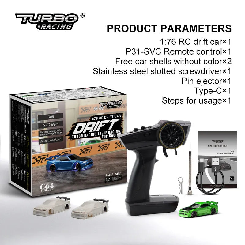Turbo Racing C64 blue 1:76 scale drift RC car with P21-SVC radio remote control
