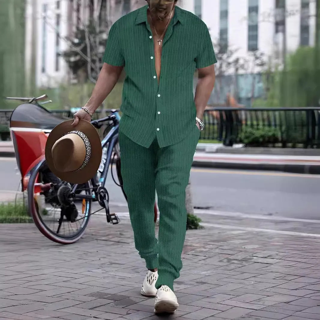 Men's casual shirt and trousers matching set in cotton blend fabric with short sleeves