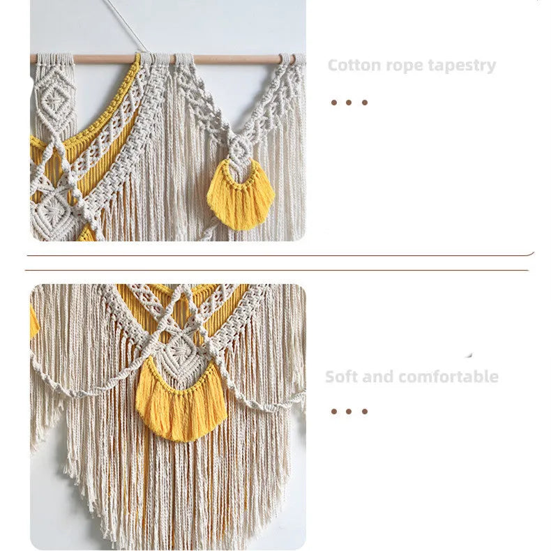 Nordic style hand-woven cotton tapestry wall hanging creamy-white yellow 120cm by 95cm rectangle