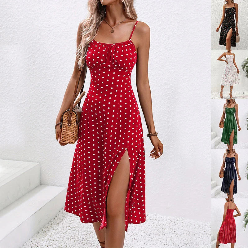 Stylish women's polka dot suspender dress with a sexy slit, perfect for summer outings.