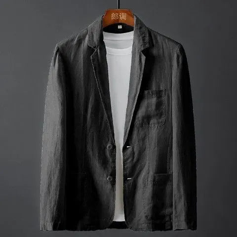 Men's slim fit linen suit jacket in solid colour with nine-point sleeves