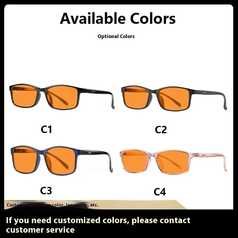 Orange tinted blue light glasses in a full rim frame with four colour options C1 C2 C3 C4