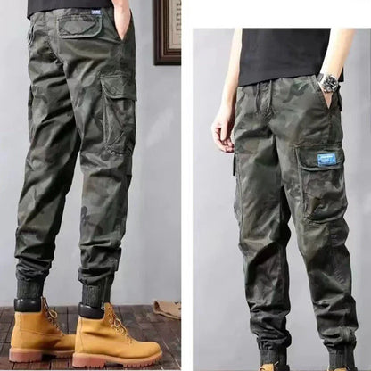 Men's camouflage cargo pants with multiple pockets and loose tapered fit