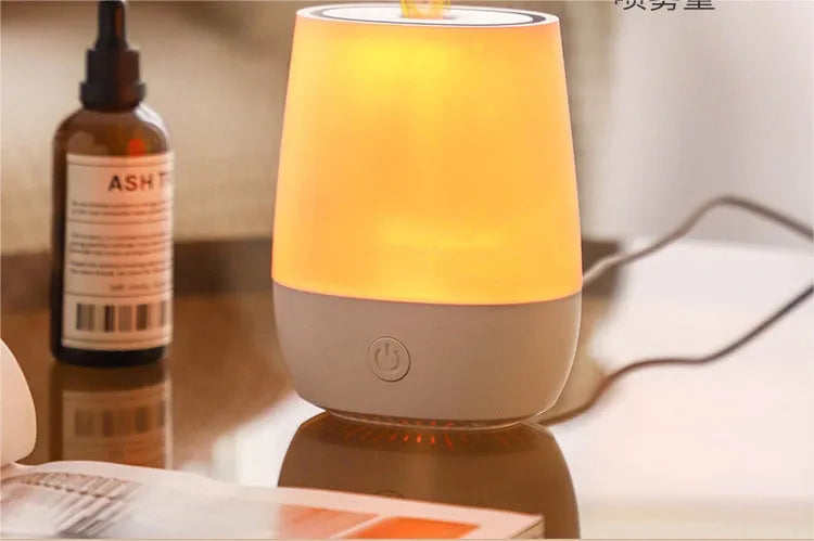 White USB flame effect humidifier aromatherapy diffuser with Type-C cable on desktop