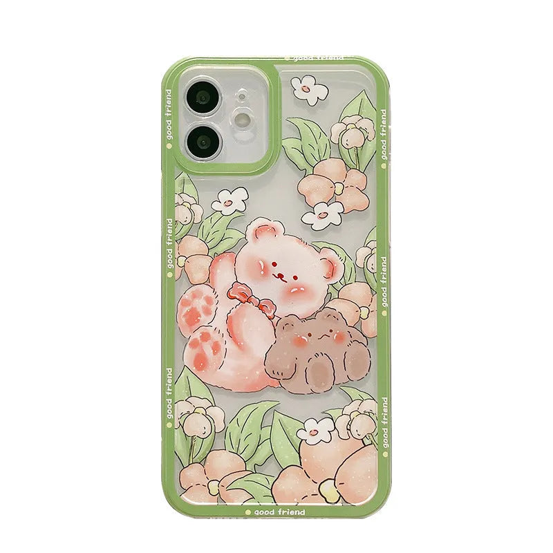 Transparent TPU phone case with hand-painted bear and floral design for iPhone 13