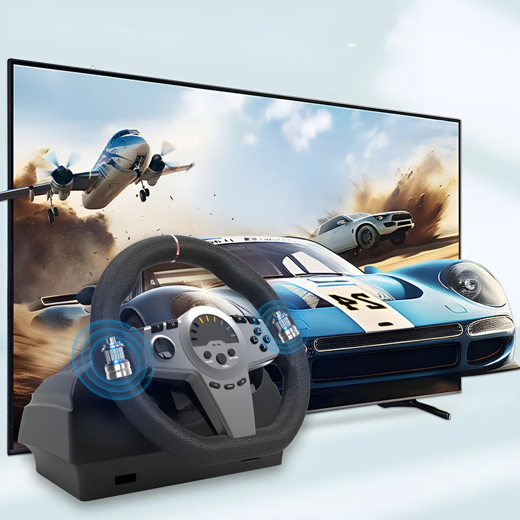 Black multi-platform steering wheel racing controller with two pedals and vibration feedback