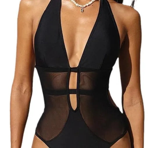 Black women's one-piece swimsuit with v-neck mesh design for swimming