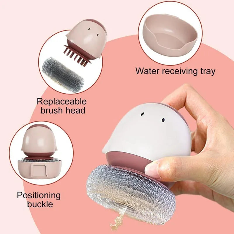 Automatic liquid filling dish brush in cute chicken shape with replaceable brush head in Bean Red