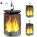 Four black solar-powered hanging lanterns with flickering flame LED light effect for outdoor garden decoration.