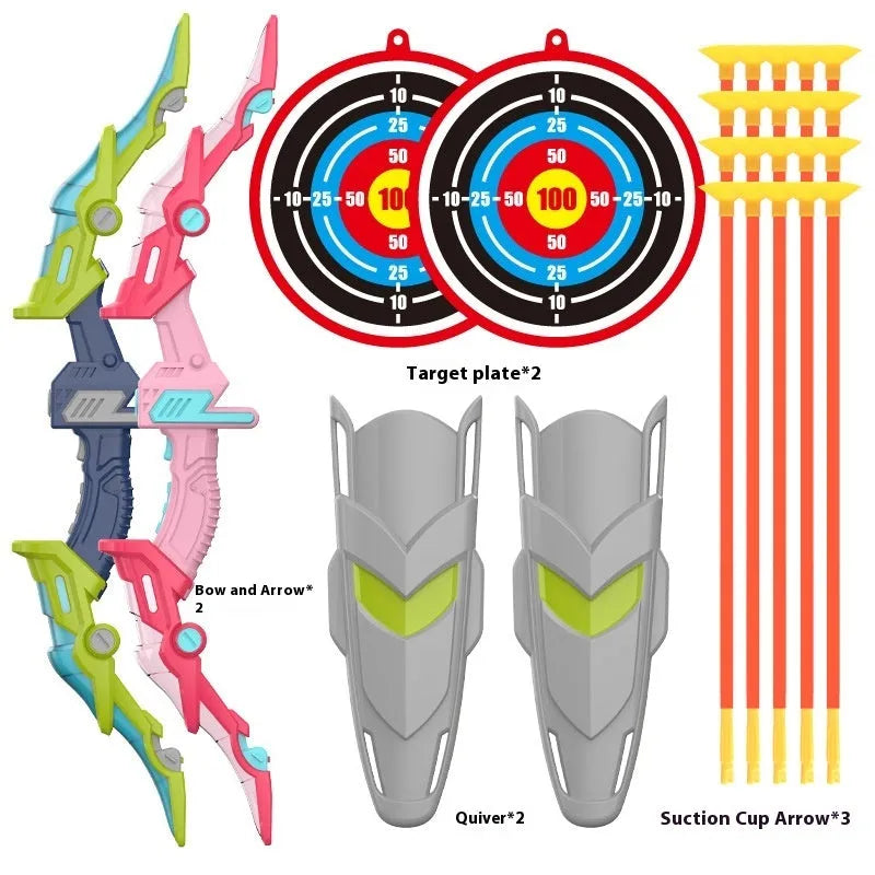 Children's bow and arrow set with green detachable bow and light-up arrows for outdoor target practice