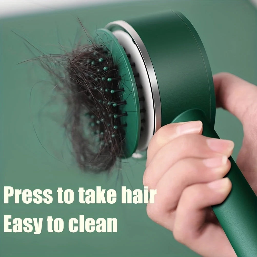 Self-Cleaning Hair Brush with Airbag Massage for curly hair, featuring one-key self-cleaning and scalp massage.