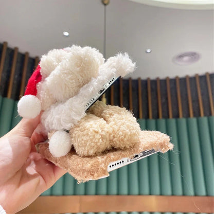 White and brown Christmas bear plush iPhone case showing TPU construction and precise cutouts